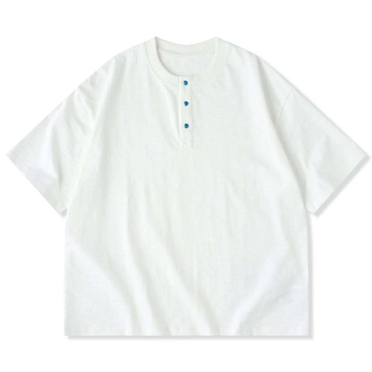320g ターコイズ風スナップボタン付きコットンスラブヘンリーTシャツ