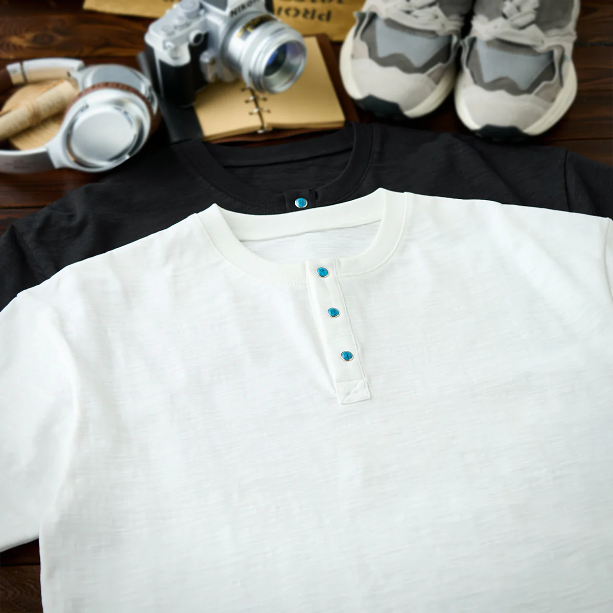 320g ターコイズ風スナップボタン付きコットンスラブヘンリーTシャツ - Image 5