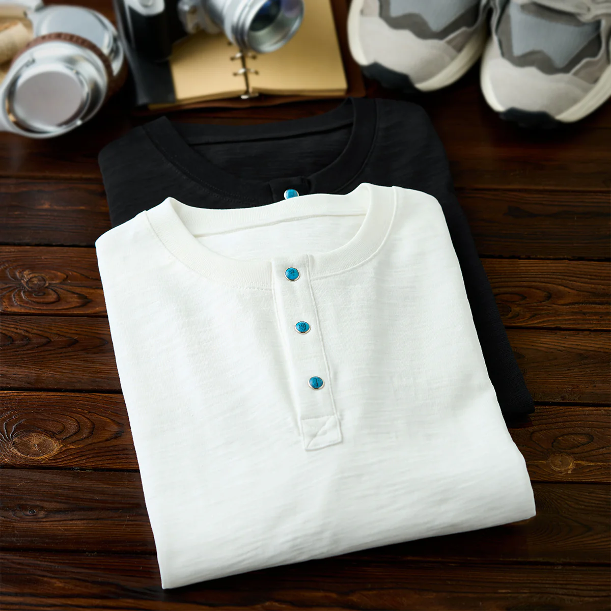 320g ターコイズ風スナップボタン付きコットンスラブヘンリーTシャツ - Image 6