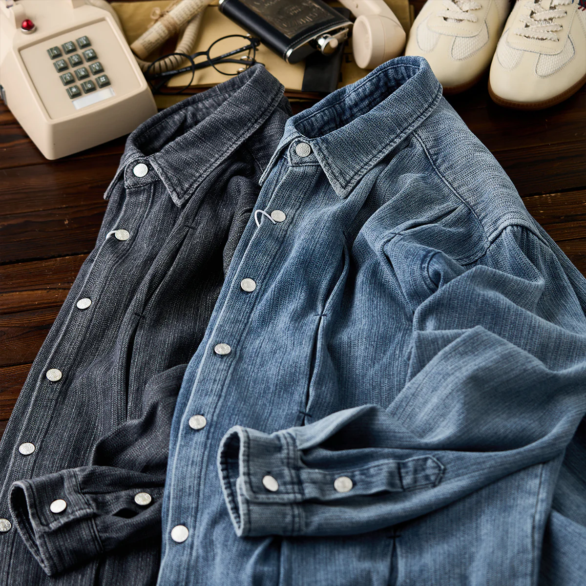 つまみステッチ加工　ウォッシュデニム長袖シャツ - Image 6