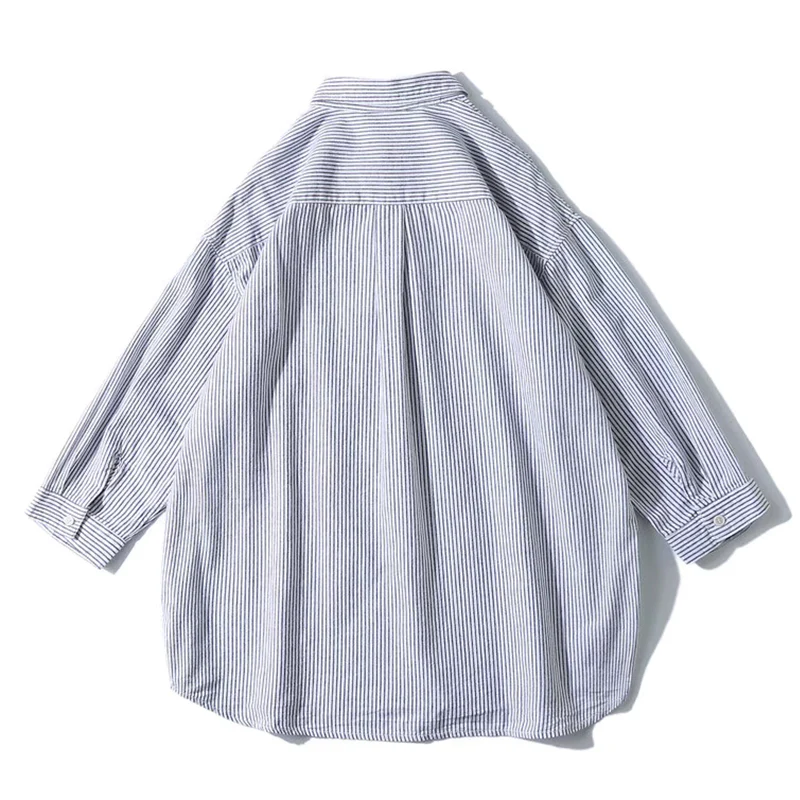 7分袖 ヒッコリーストライプ四色展開コットンシャツ - Image 5