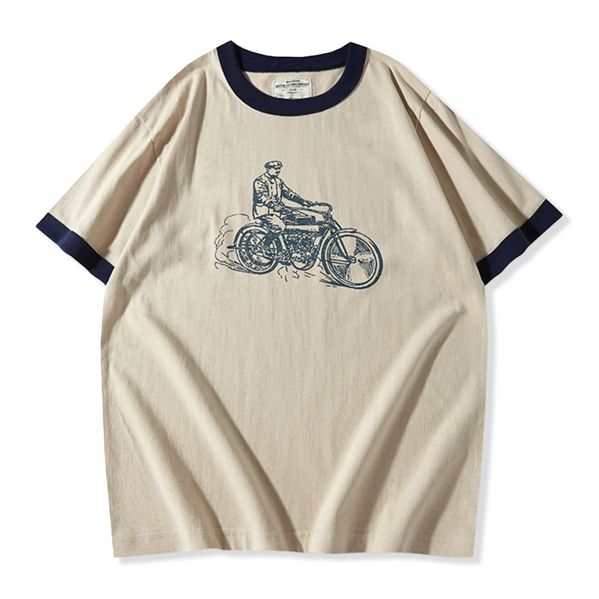 210gヘビーウェイト 手描き風バイクプリントリンガーTシャツ
