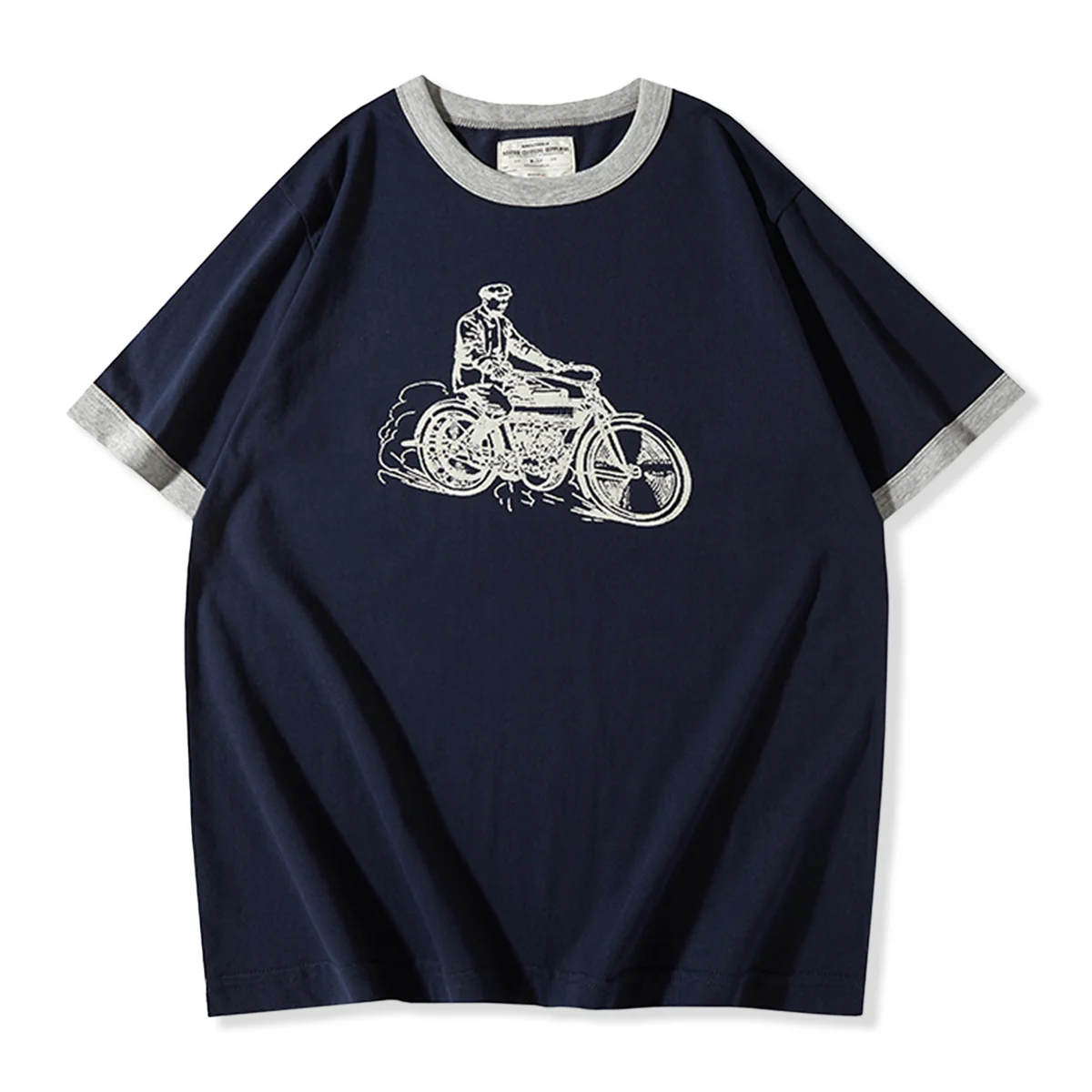 210gヘビーウェイト 手描き風バイクプリントリンガーTシャツ - Image 3