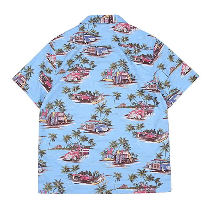 HAWAII ALOHA「ヤシの木・レトロカー・サーフボード」アロハシャツ - Image 3