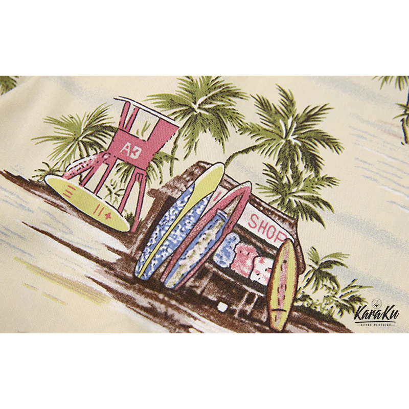 HAWAII ALOHA「ヤシの木・レトロカー・サーフボード」アロハシャツ - Image 4