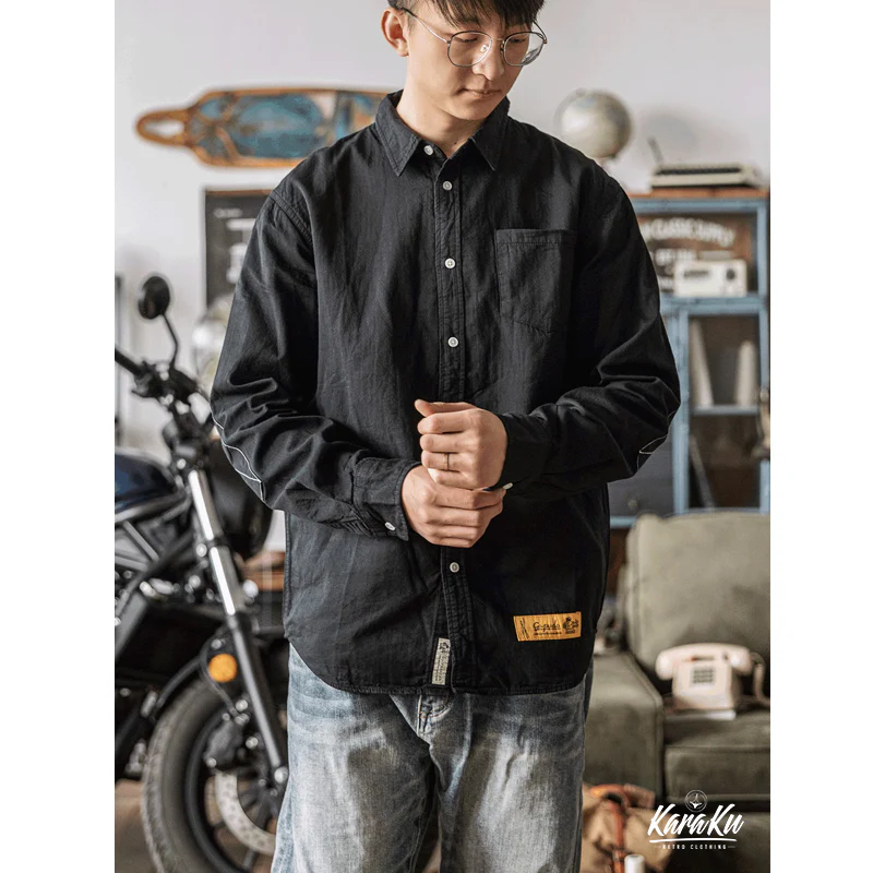 シワ加工 肘補強パッチコットンワークシャツ - Image 9