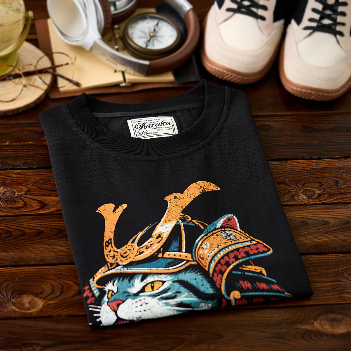 「烈吼ノ幕府将軍猫」プリント＆karaku刺繍入りコットンTシャツ - Image 5