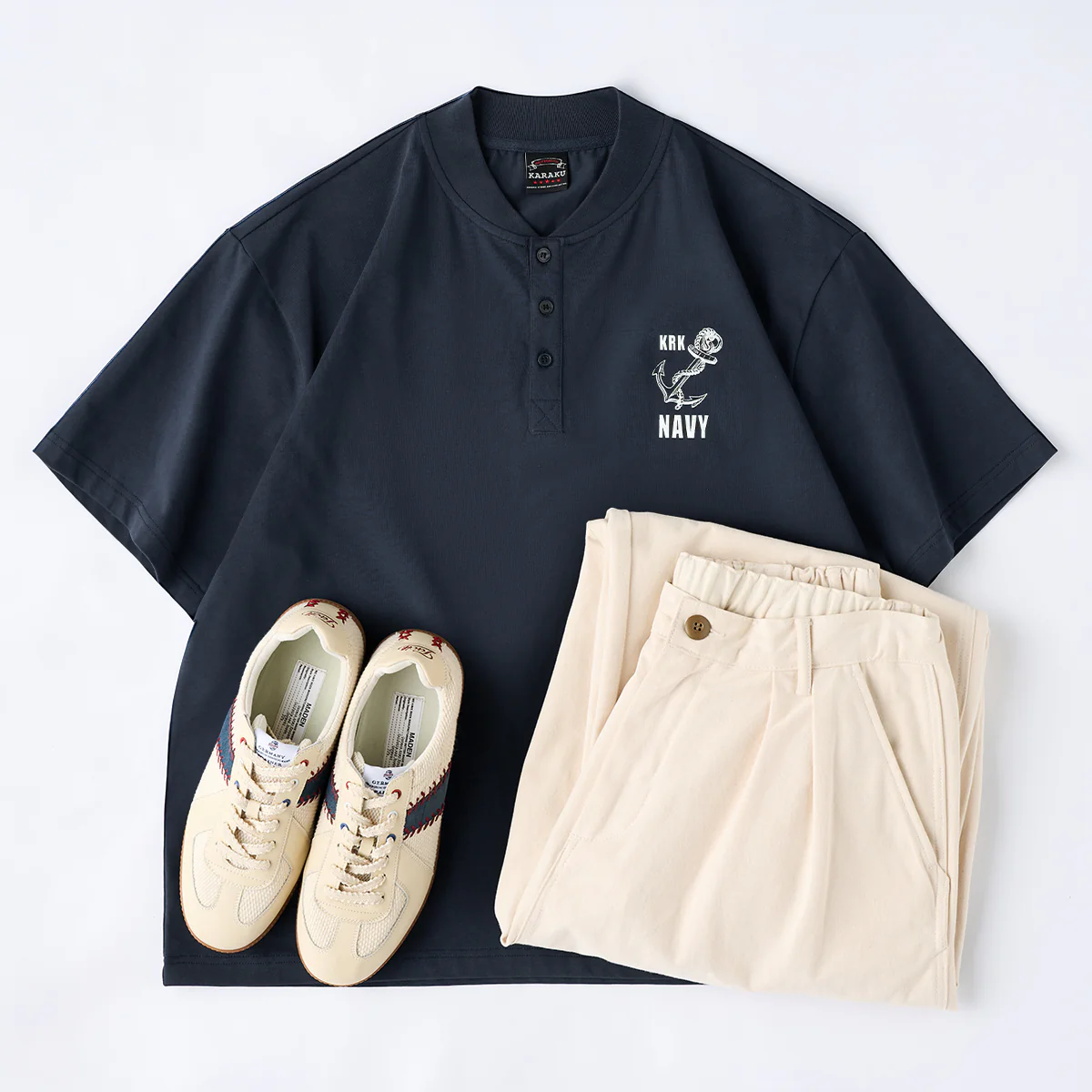 「NAVY」錨プリントコットンヘンリーネックTee - Image 15