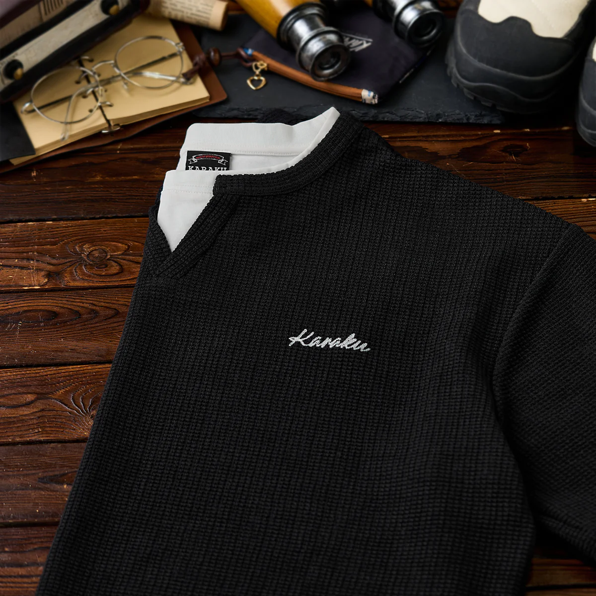 【予約】「KaraKu」ロゴ刺繍　フェイクレイヤードワッフルテクスチャTee - Image 5