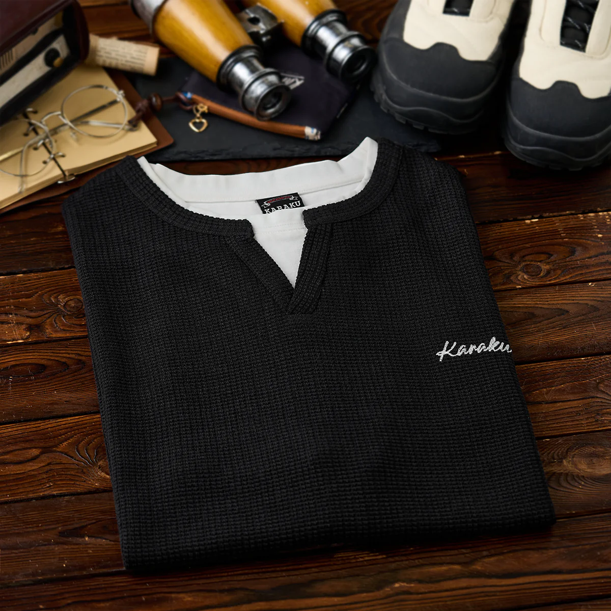 【予約】「KaraKu」ロゴ刺繍　フェイクレイヤードワッフルテクスチャTee - Image 6