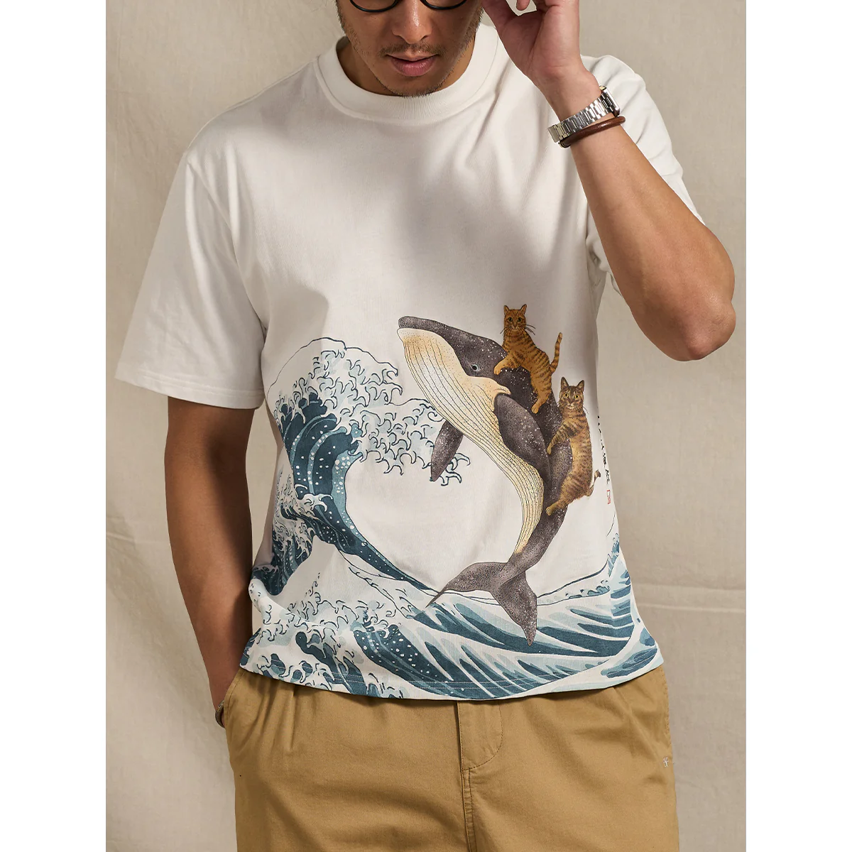 「KaraKuｘ365CAT.ART」鯨と泳ぐ猫　浮世絵柄コットンTee - Image 6