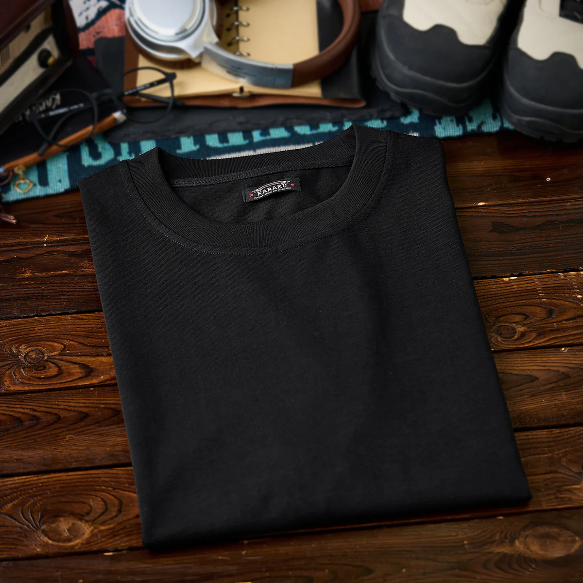 紅白ヒモ付きサイドジップ　オールブラックコットンベーシックTee - Image 5