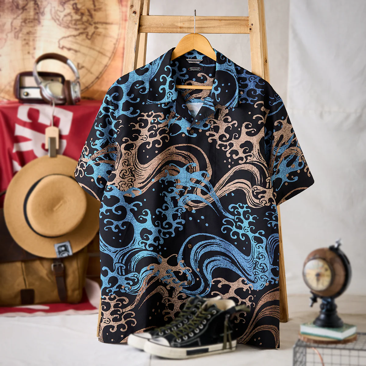 浮世絵「熊谷次郎直実 市川団十郎」着物柄・波模様オープンカラーシャツ - Image 3