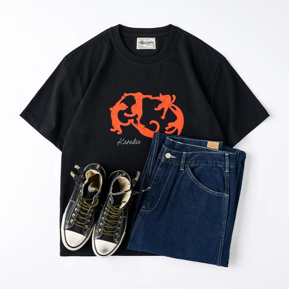 「KaraKu Art・Cat Dance」パロディ風プリントコットンTシャツ - Image 18