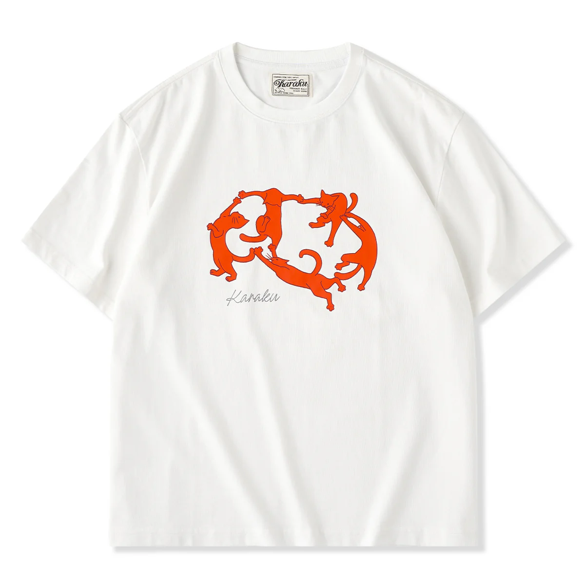 「KaraKu Art・Cat Dance」パロディ風プリントコットンTシャツ - Image 2