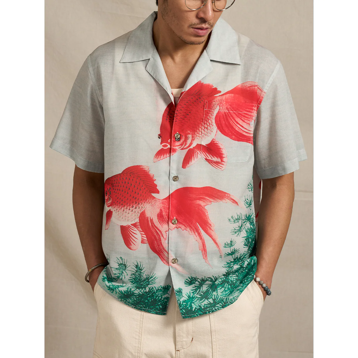 「夏水金魚図」浮世絵風プリント入りキューバカラーシャツ - Image 6