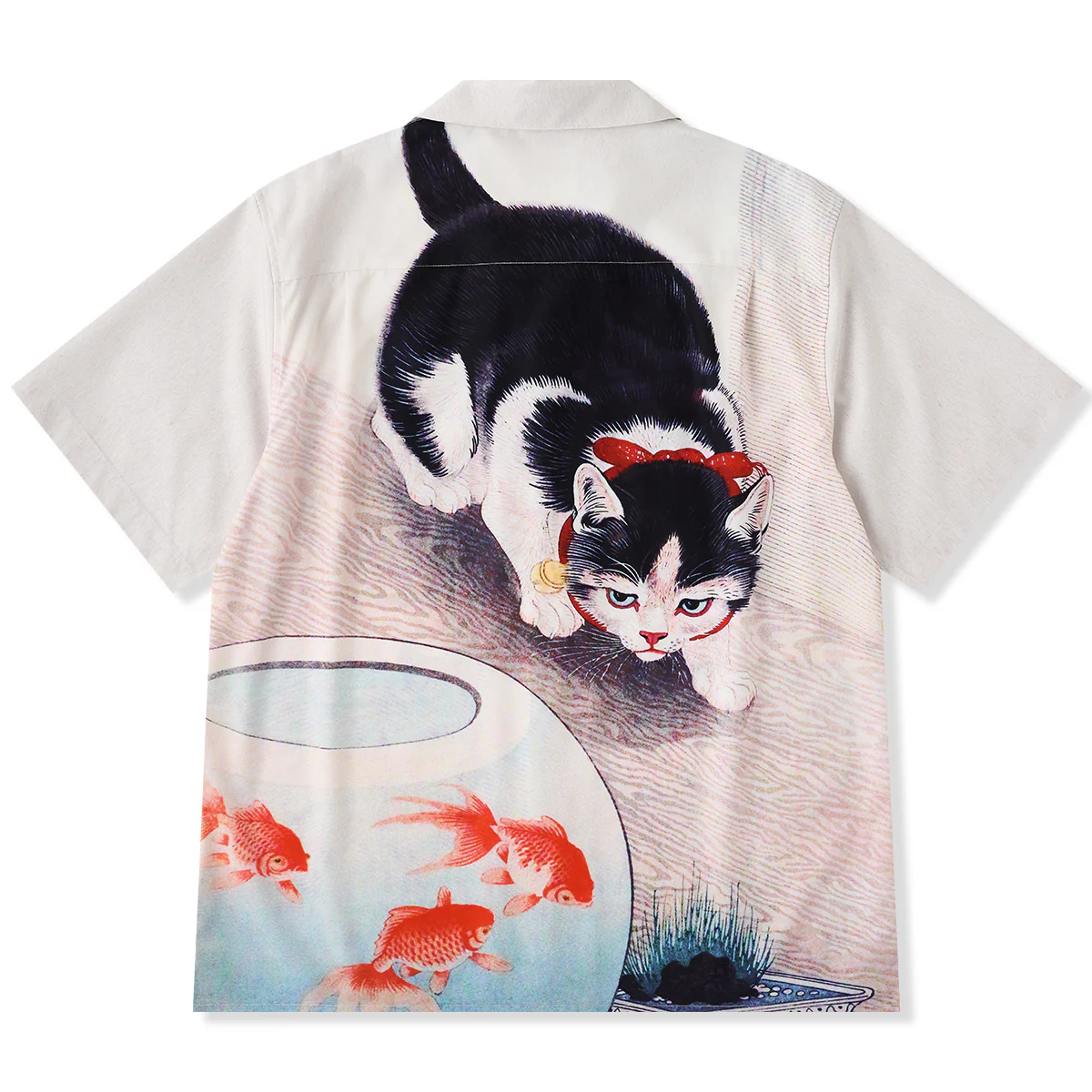 【予約】小原古邨「猫と金魚鉢の中で泳ぐ金魚たち」浮世絵風アロハシャツ - Image 2
