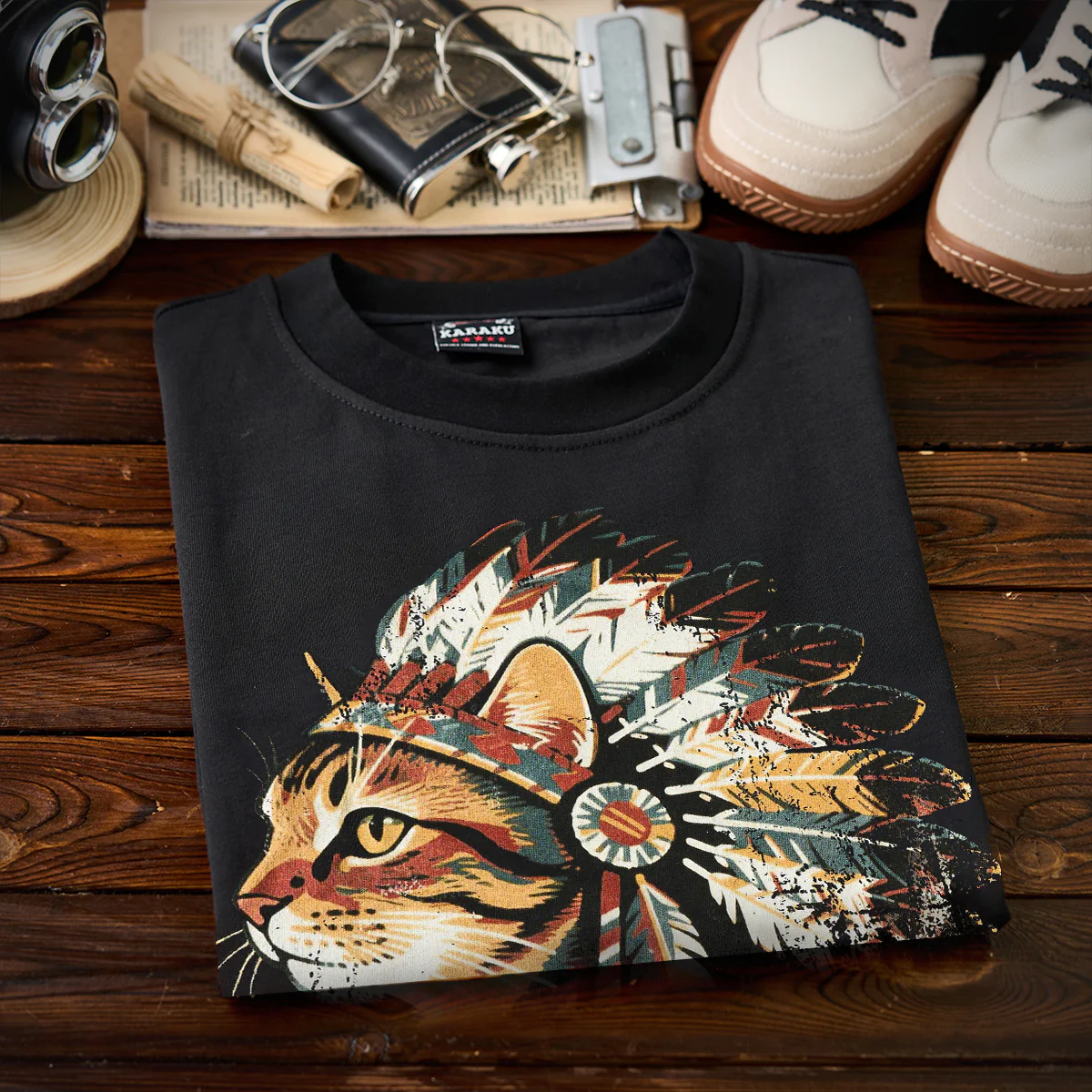 「インディアン酋長猫」プリント＆karaku刺繍入りコットンTシャツ - Image 5