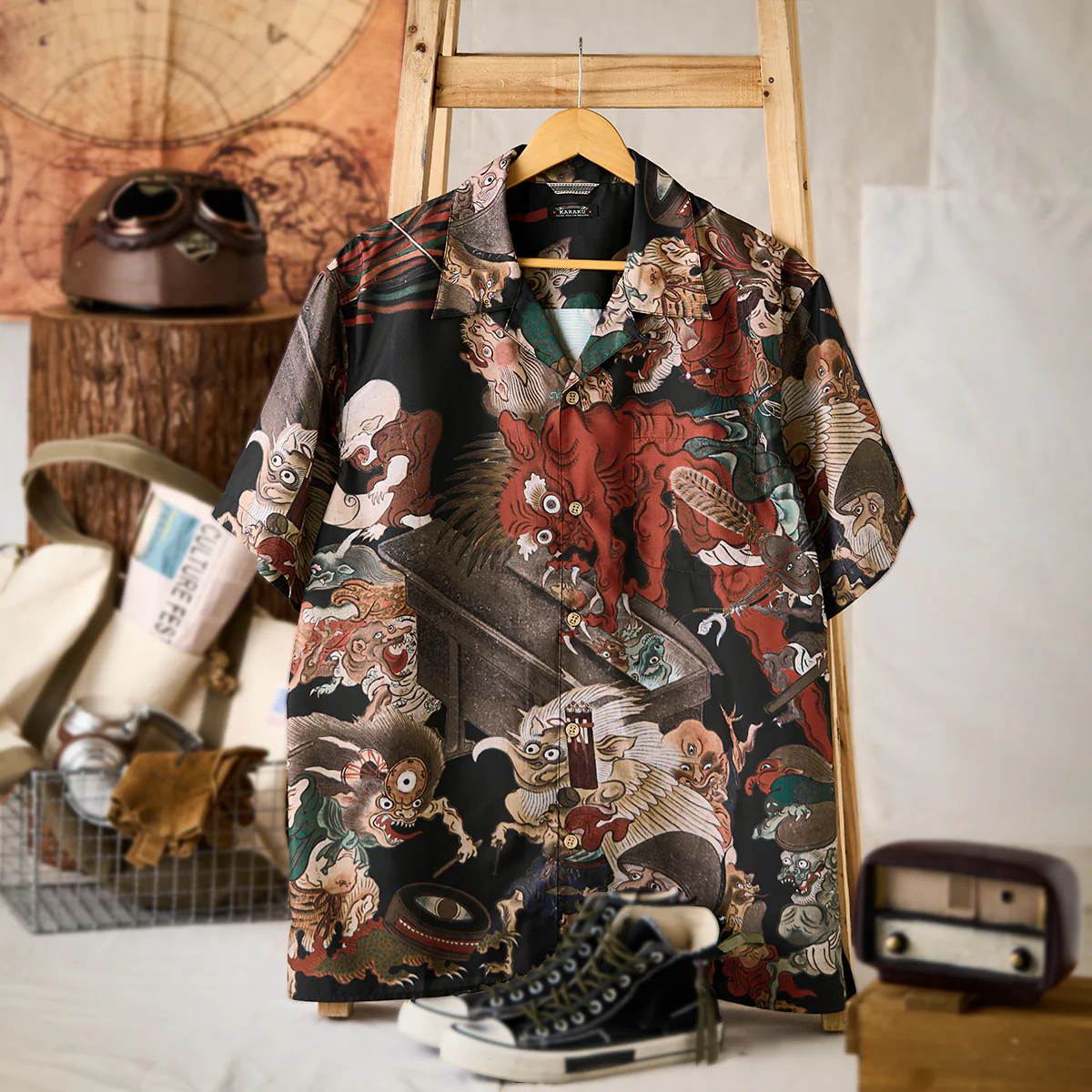 室町時代「妖怪絵巻」浮世絵総柄オープンカラーシャツ - Image 3