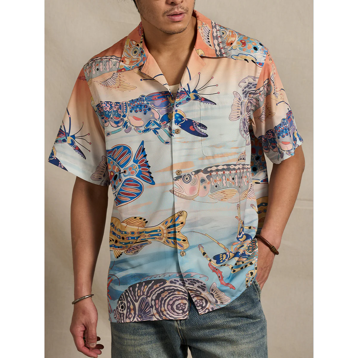 「夕暮れの海底」レトロ水彩風プリント入りアロハシャツ - Image 6