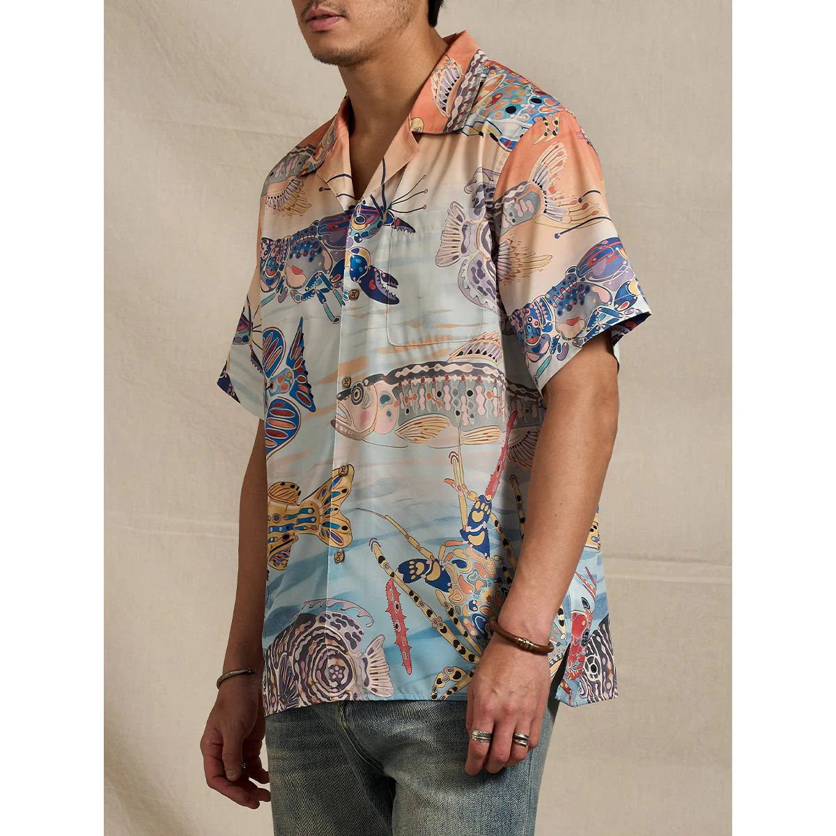 「夕暮れの海底」レトロ水彩風プリント入りアロハシャツ - Image 7