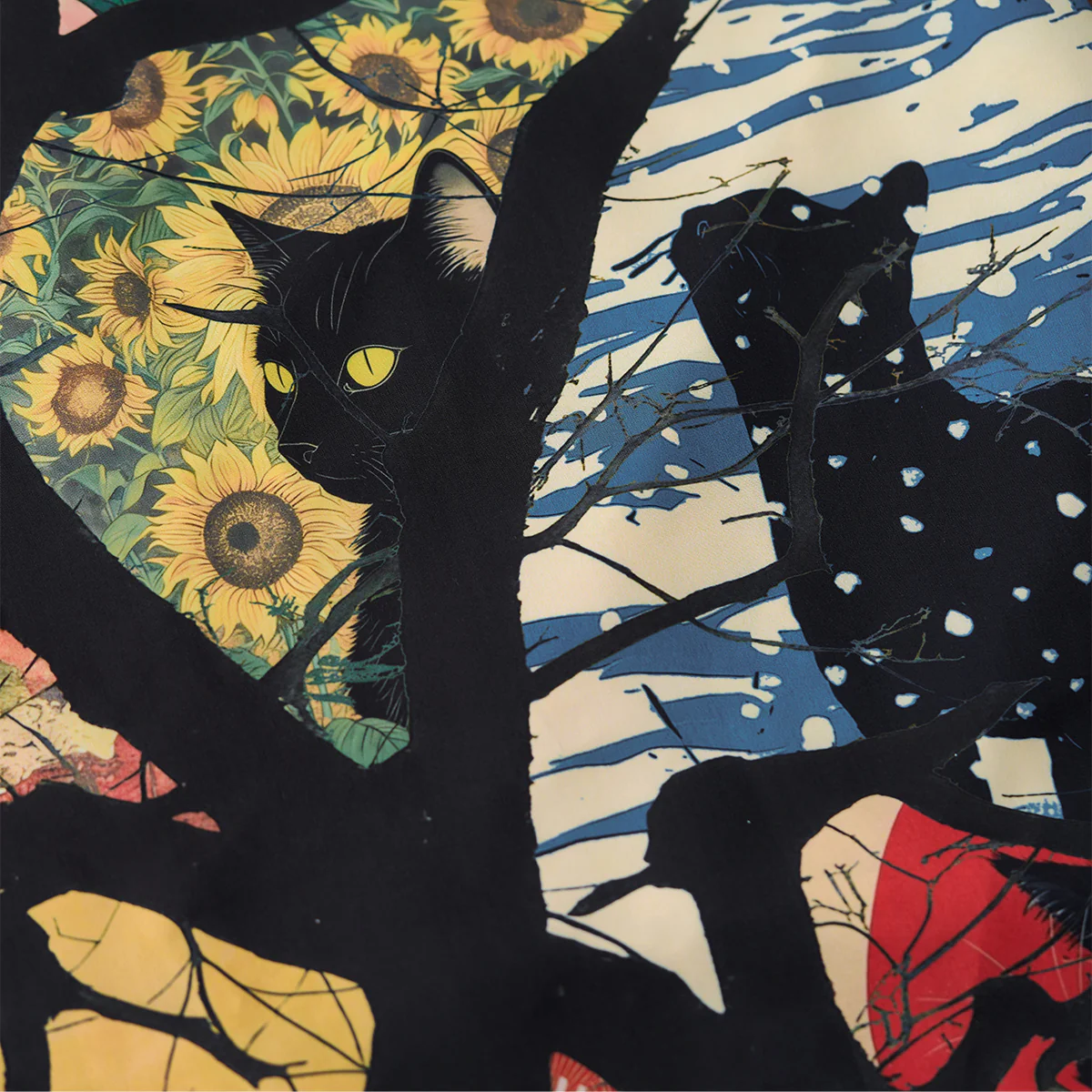 【予約】「黒猫の四季旅」絵巻　浮世絵風プリント入りアロハシャツ - Image 7
