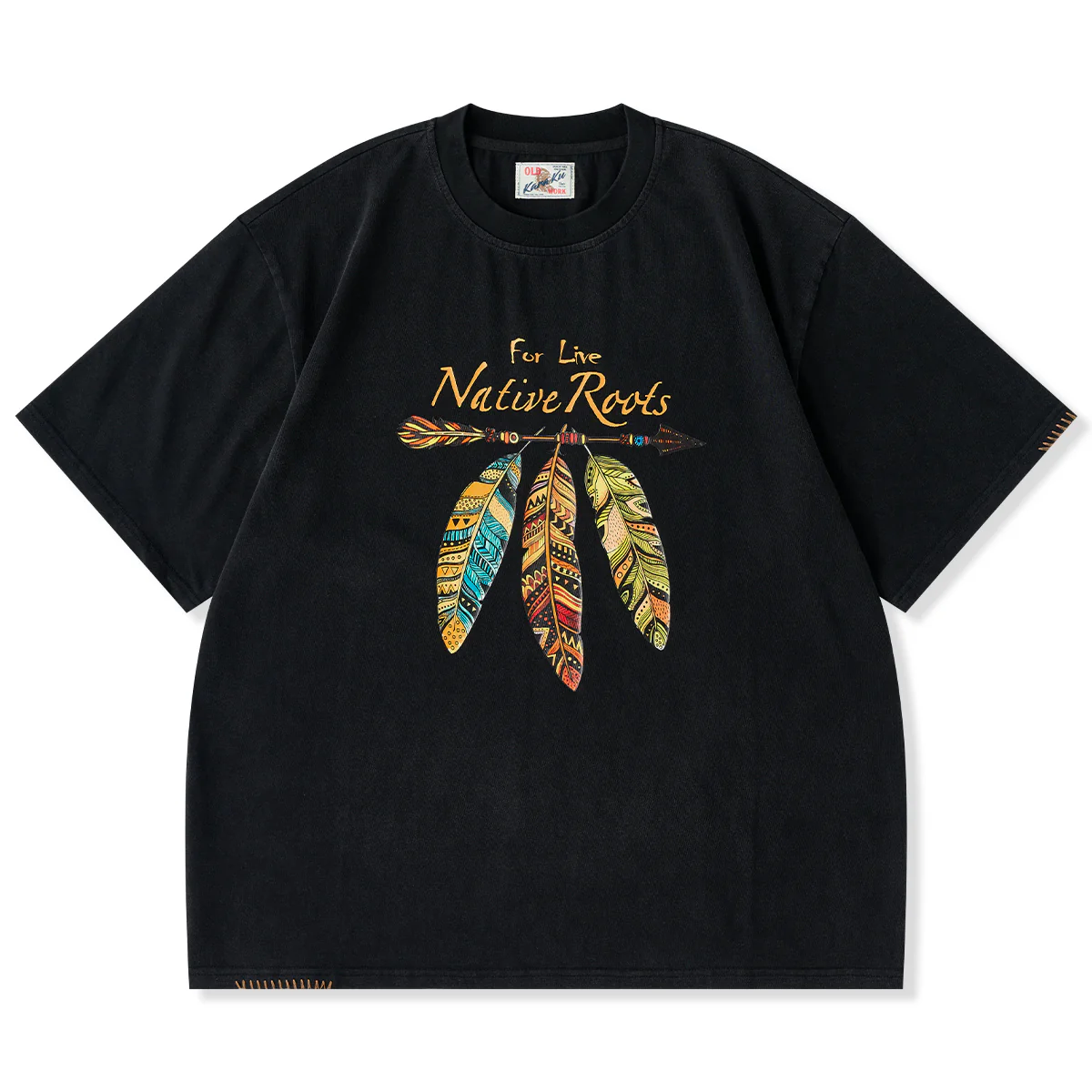 飾りステッチ　ナバホ風のフェザープリントコットンTee