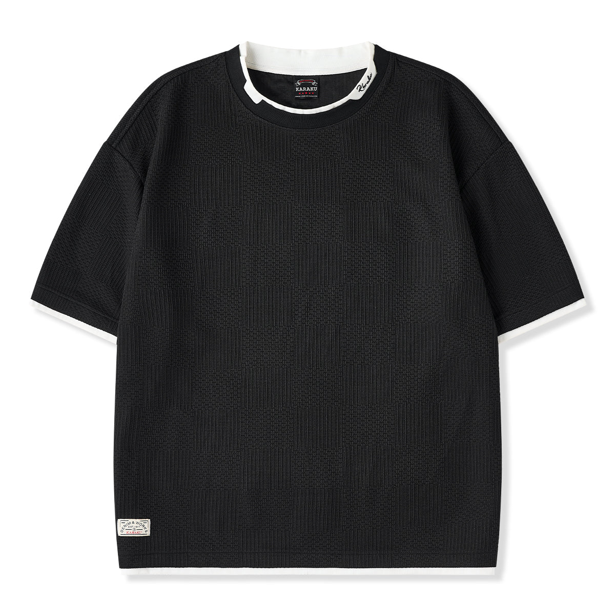 「KaraKu」ロゴ刺繍　フェイクレイヤードダイヤ柄ジャガードニットTee