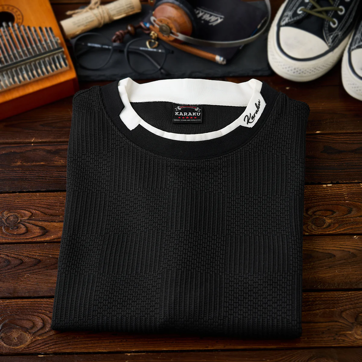 「KaraKu」ロゴ刺繍　フェイクレイヤードダイヤ柄ジャガードニットTee - Image 5