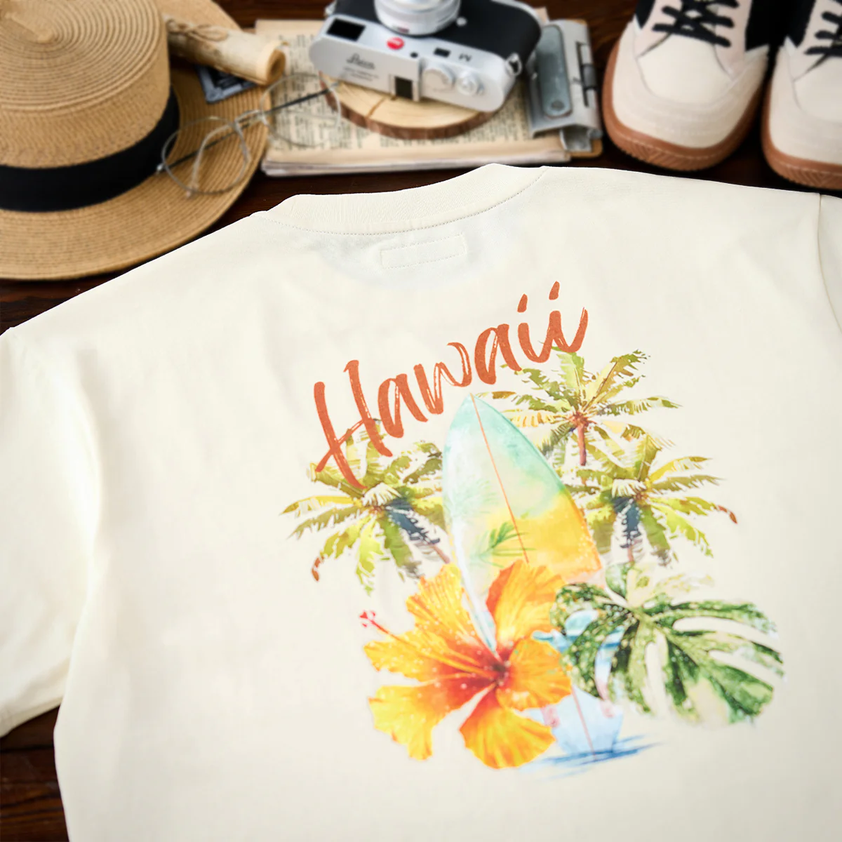 水彩風 ALOHA・トロピカルバックプリントコットンTシャツ - Image 6