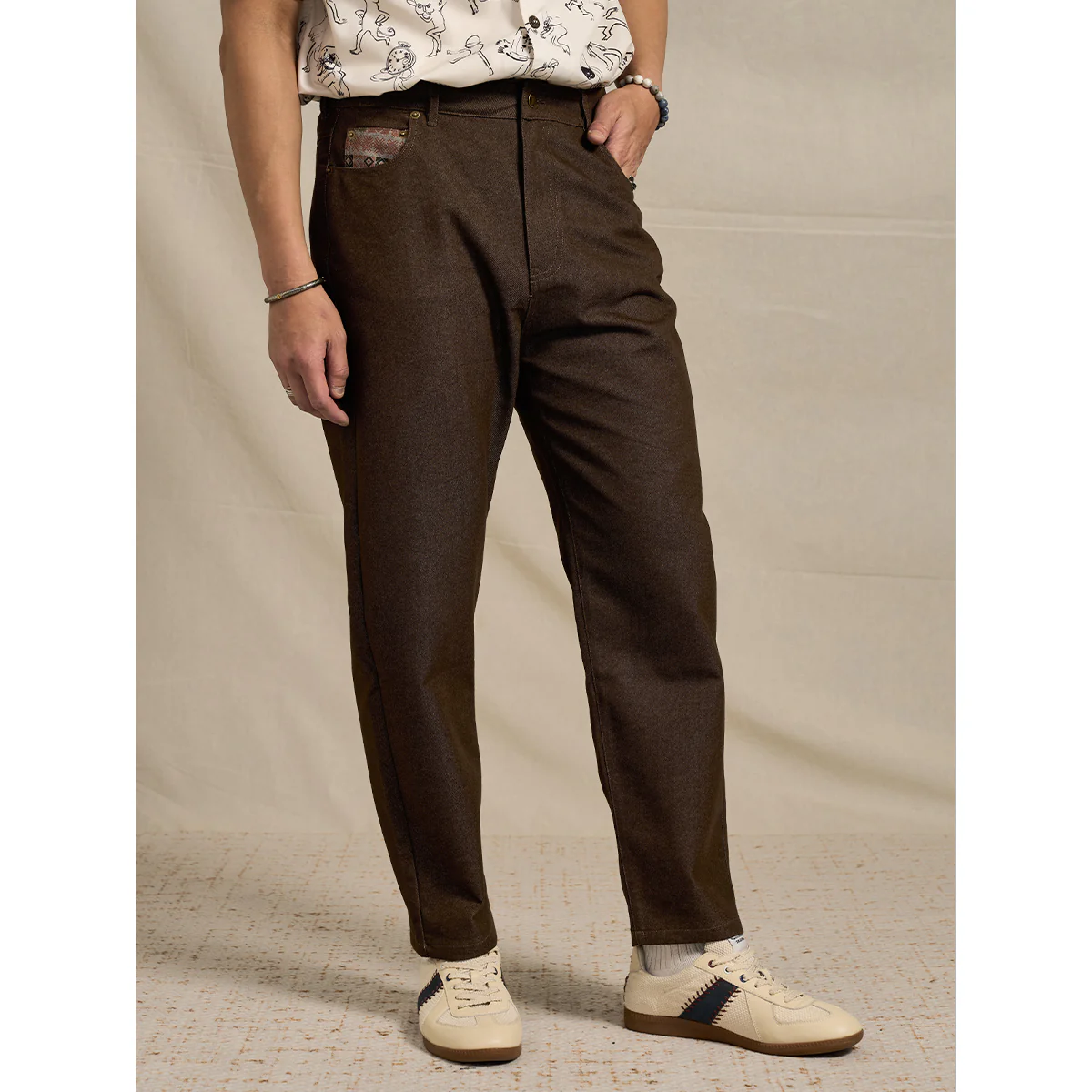 裏エスニック調柄コットン混ストレートデニムパンツ - Image 7