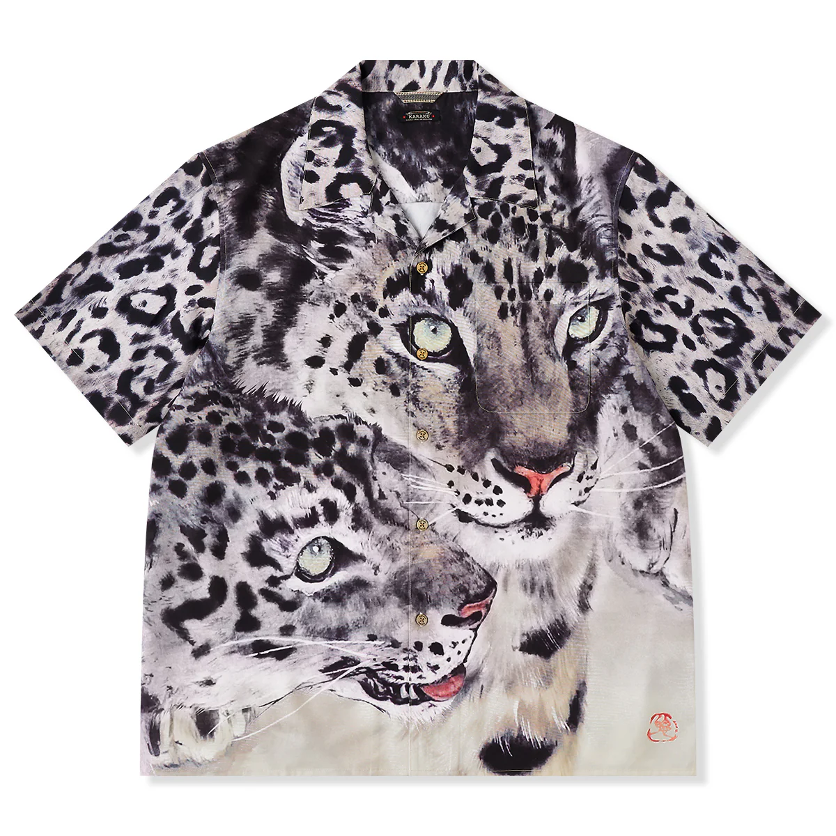 Karaku×川又聡「Snow leopard 雪豹」プリント入りオープンカラーシャツ