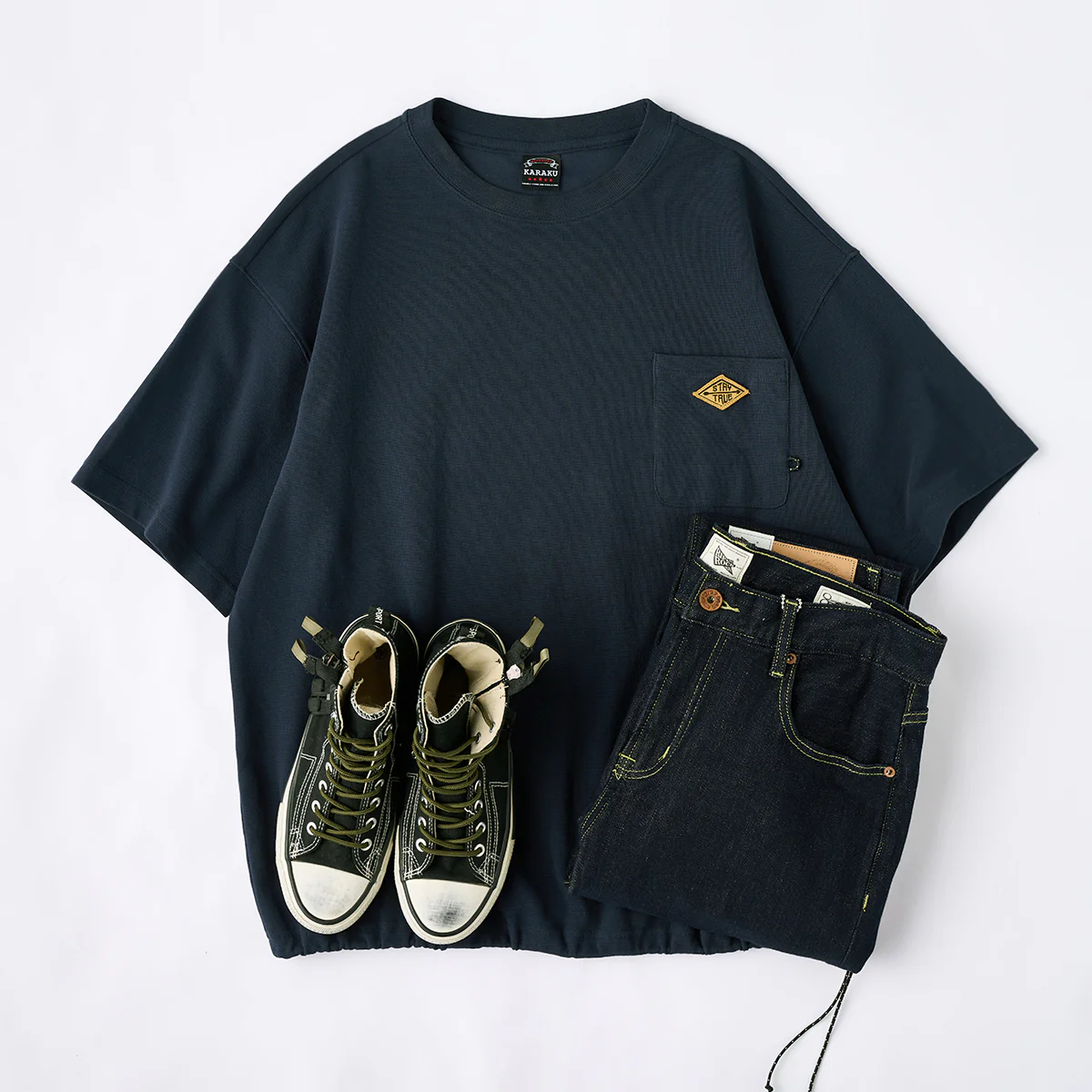 新色追加!「STAY TRUE」刺繍ワッペン 裾ドローコードワッフルTee - Image 15
