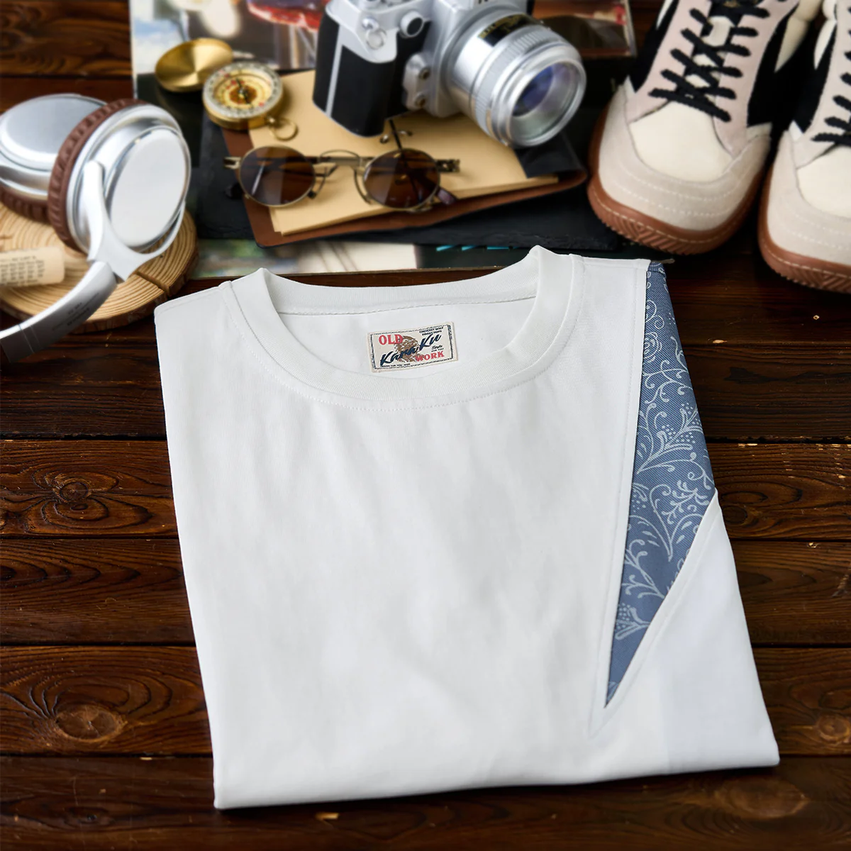 フェイクデニムペイズリー柄パッチ切替コットンTシャツ - Image 7