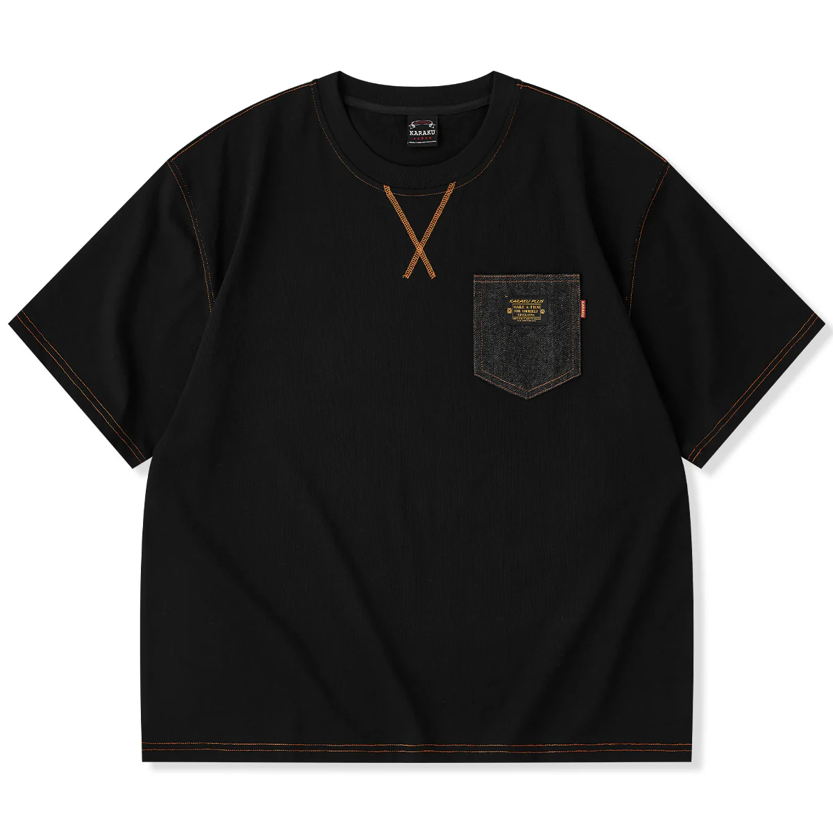 【予約】レトロオレンジステッチ入り 異素材デニムポケット付き半袖コットンTee