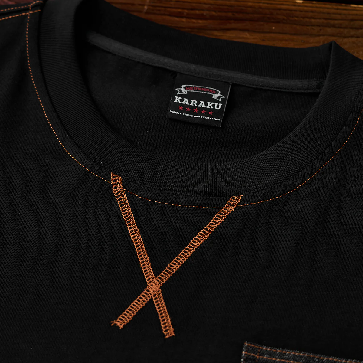【予約】レトロオレンジステッチ入り 異素材デニムポケット付き半袖コットンTee - Image 4