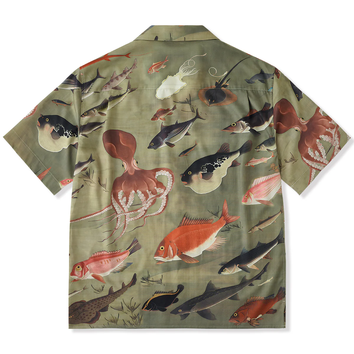 伊藤若冲「群魚図」プリント入りオープンカラーアロハシャツ - Image 2