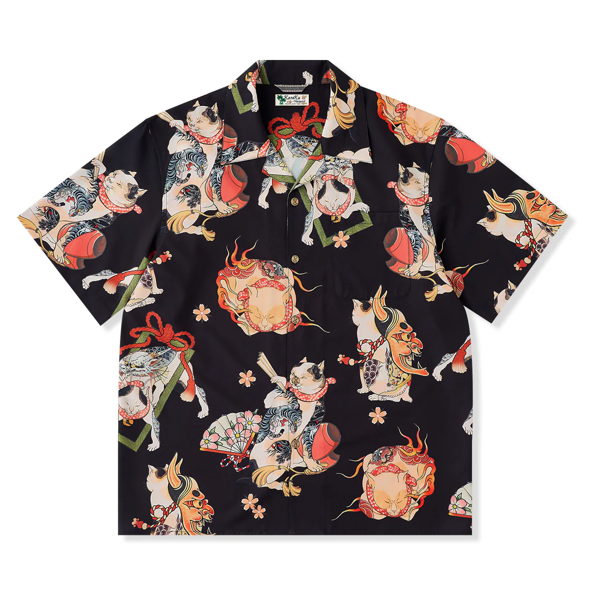 「和猫百態」総柄 浮世絵風プリント入りアロハシャツ