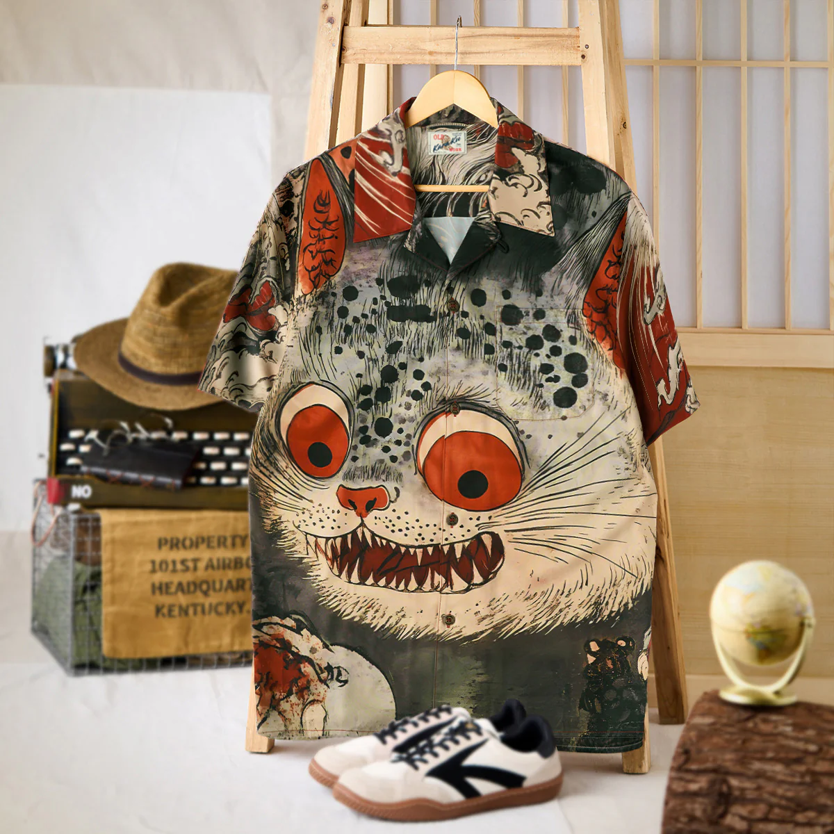 民間伝承「化け猫」浮世絵風オープンカラーシャツ - Image 3