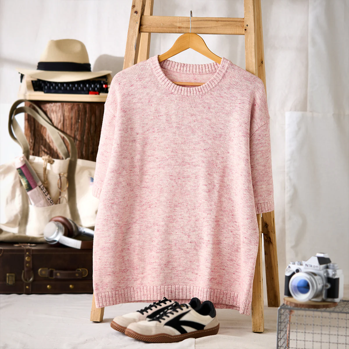 MACHO PINK メランジニットクルーネックTシャツ - Image 3