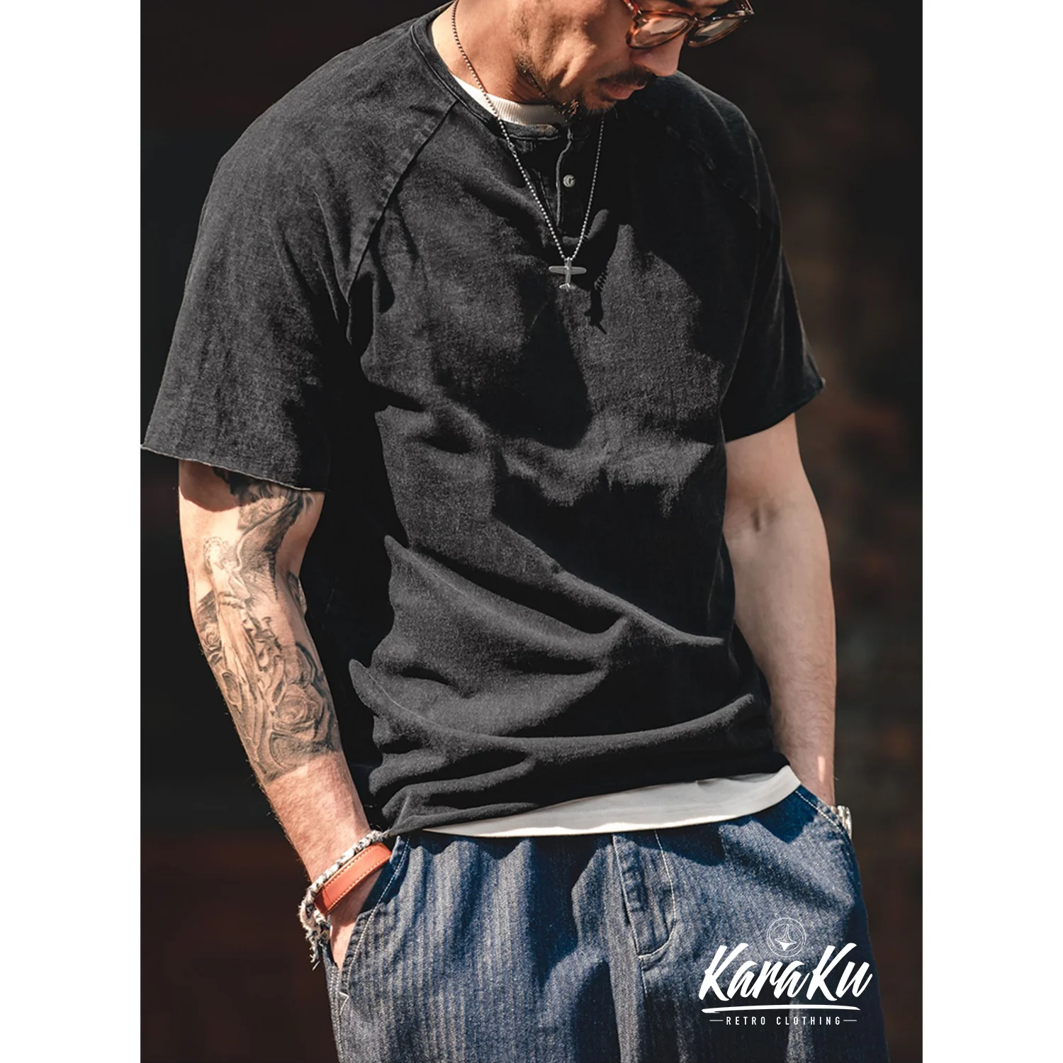 ウォッシュ加工 ヘンリーネックTシャツ - Image 7
