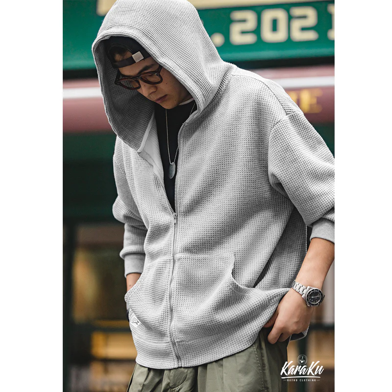 フード付 ワッフル編みニットカーディガン - Image 4
