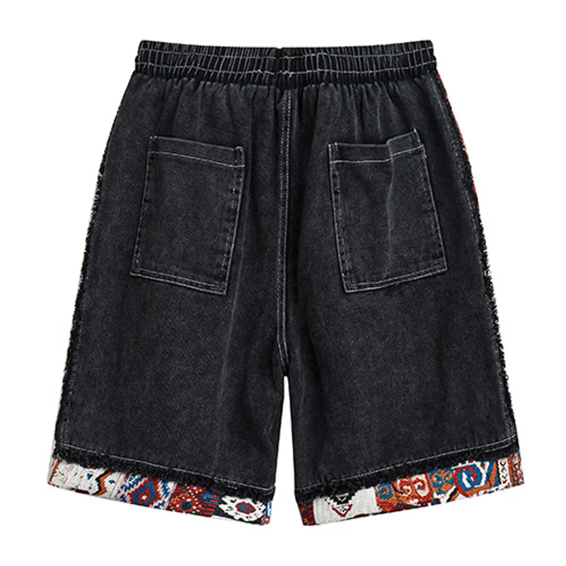 民族調ジャガードパッチワーク デニムショートパンツ - Image 3