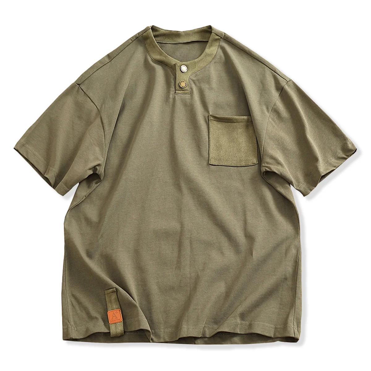 襟・ポケット異素材コンビ ヘンリーネックTシャツ