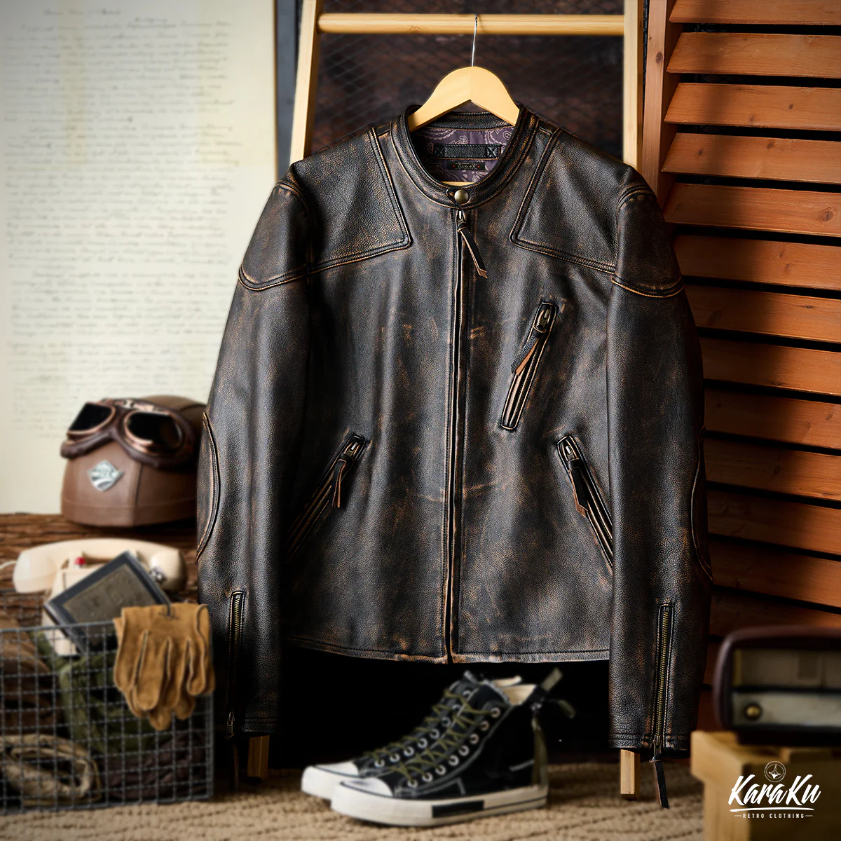 本革 裏ペイズリー柄スリムフィットライダースジャケット - Image 4