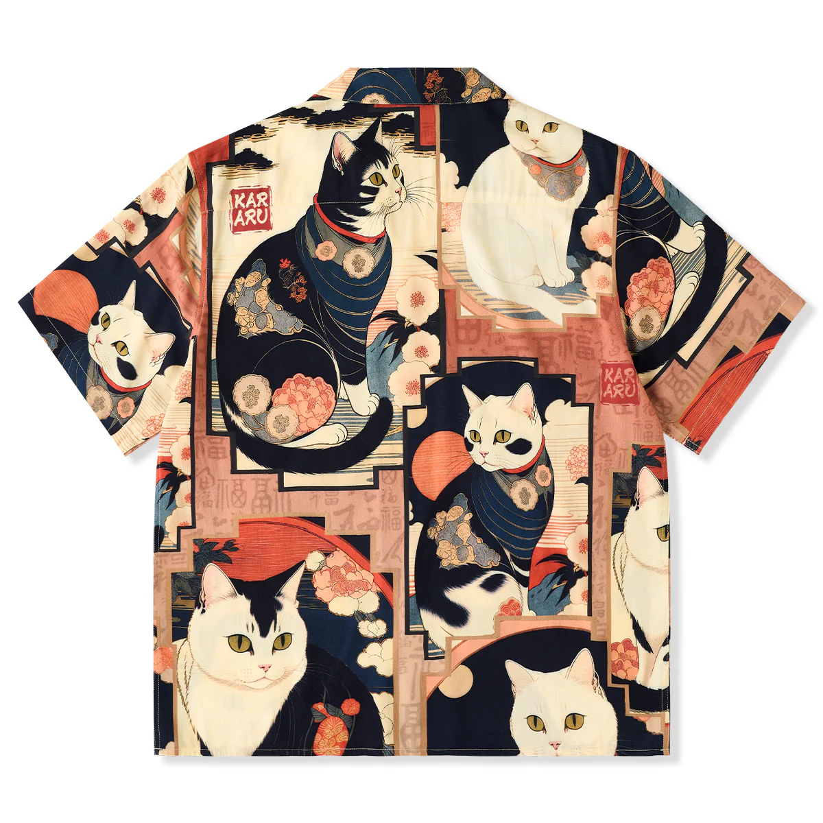 「明治時代・猫」浮世絵風総柄プリント入りアロハシャツ - Image 2