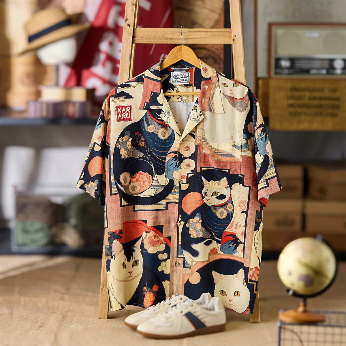 「明治時代・猫」浮世絵風総柄プリント入りアロハシャツ - Image 3