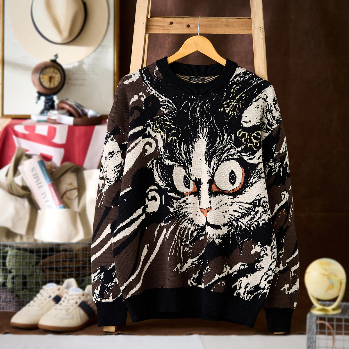 民間伝承「化け猫」浮世絵風ジャガードニットセーター - Image 3