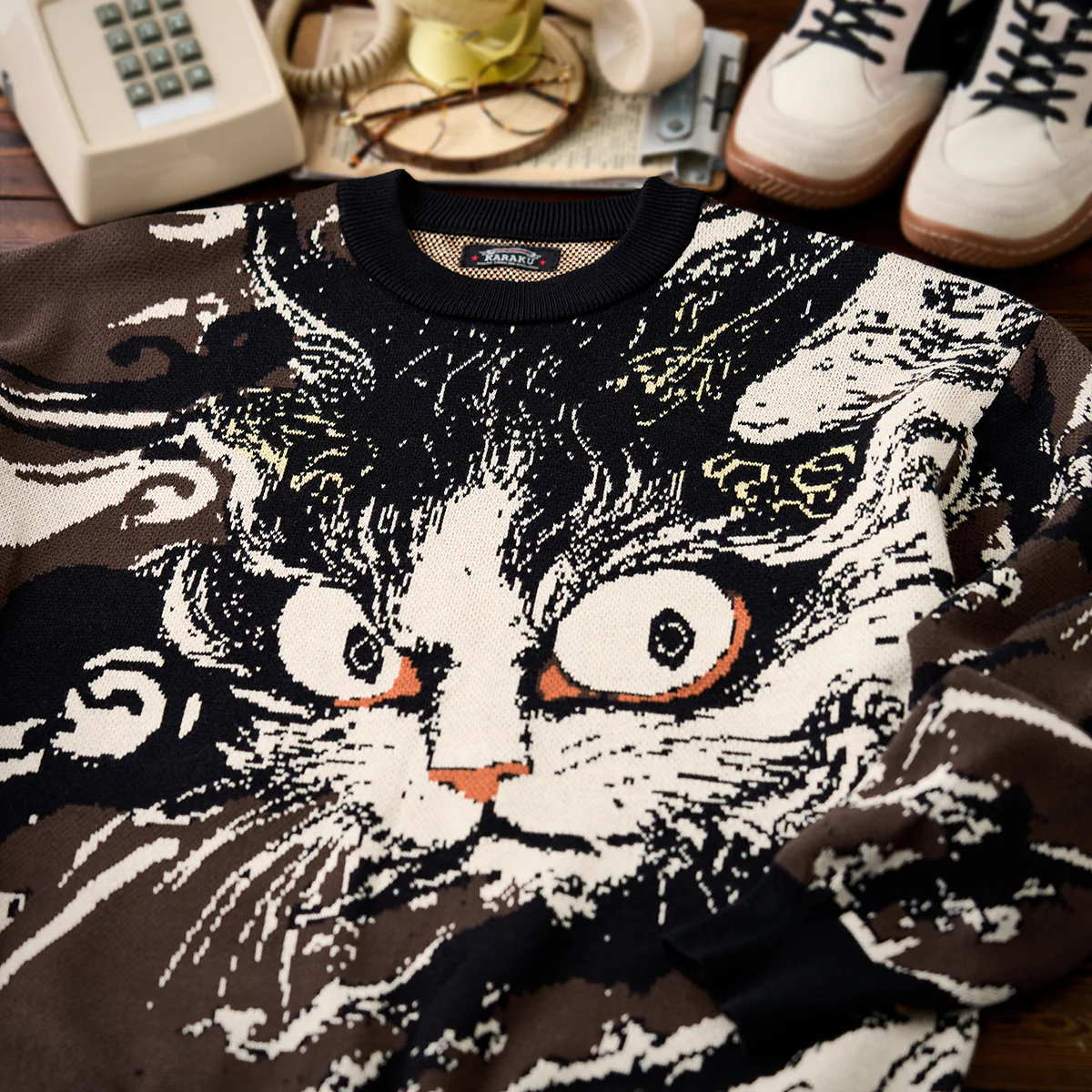 民間伝承「化け猫」浮世絵風ジャガードニットセーター - Image 4