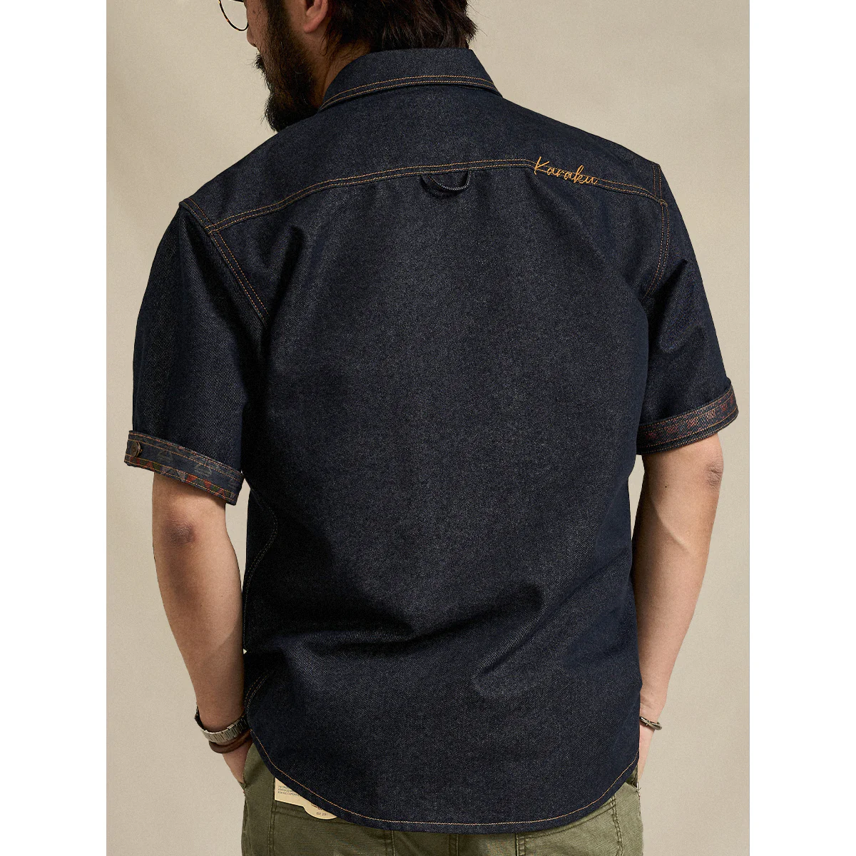 「KaraKu」ロゴ刺繡　紅白ヒモ付き裏エスニック調柄デニムシャツ - Image 8